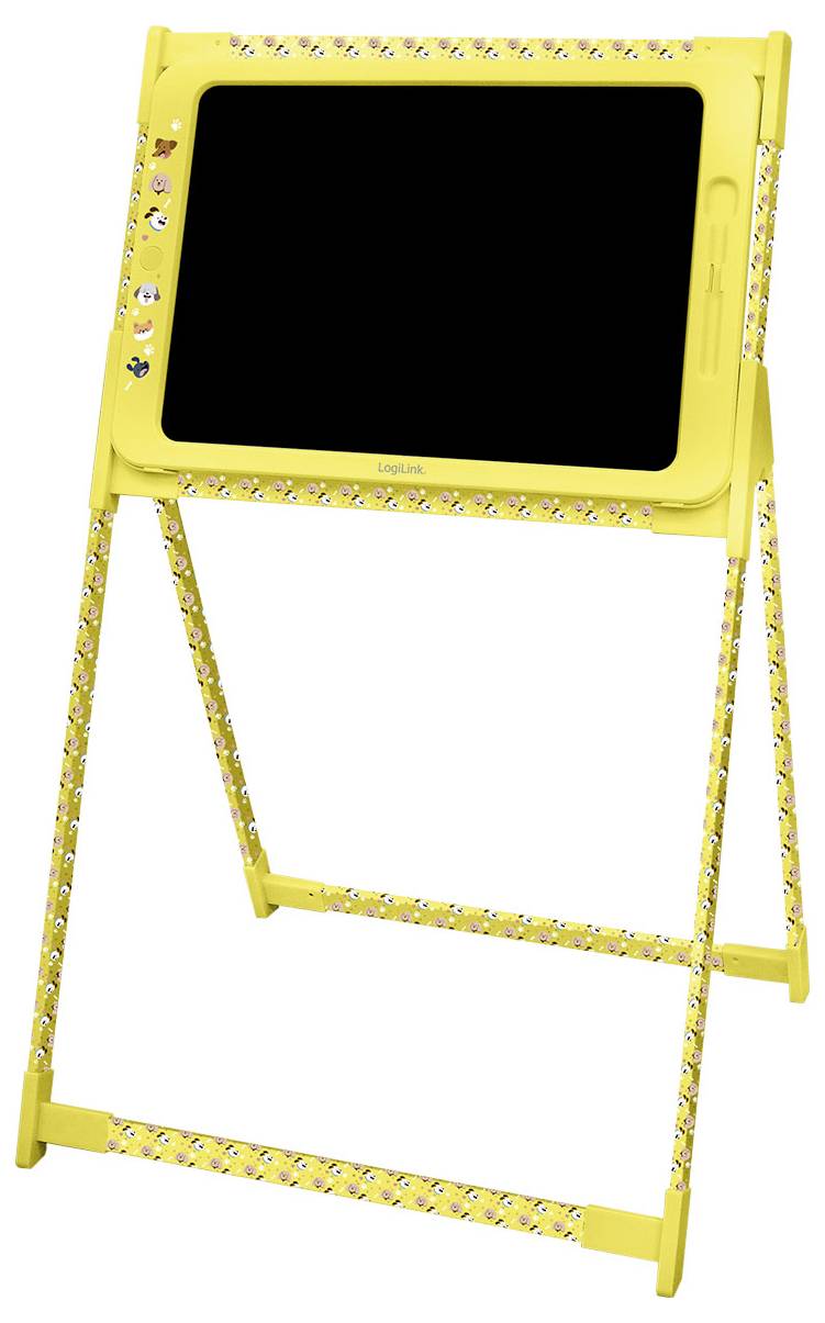 Gelbe Kinderstaffelei mit leerer Tafel, verziert mit bunten Mustern.