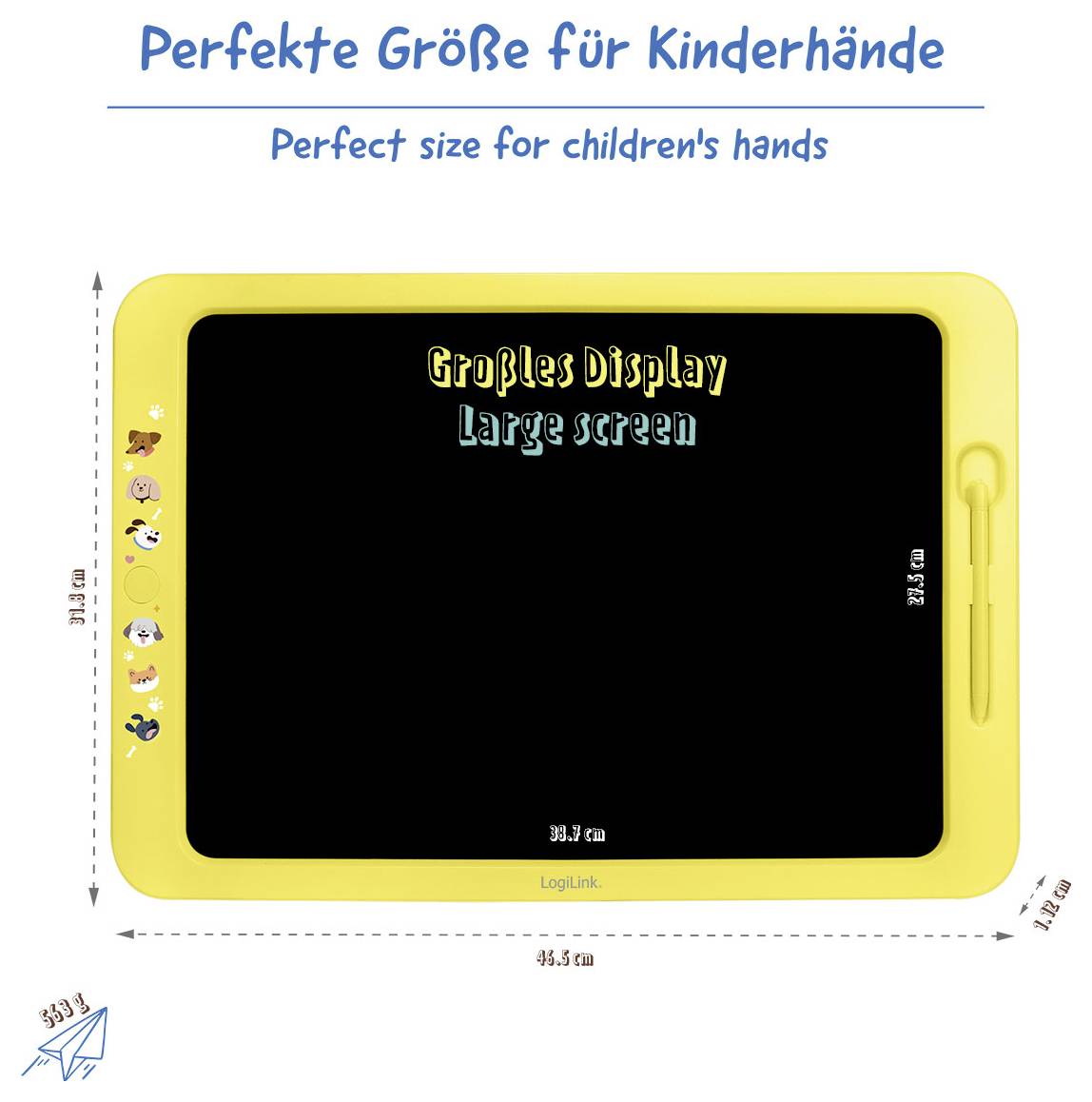 Werbegrafik eines gelben Kinder-Zeichentablets mit der Beschriftung „Perfekte Größe für Kinderhände" und „Großer Bildschirm", die seine Abmessungen zeigt.