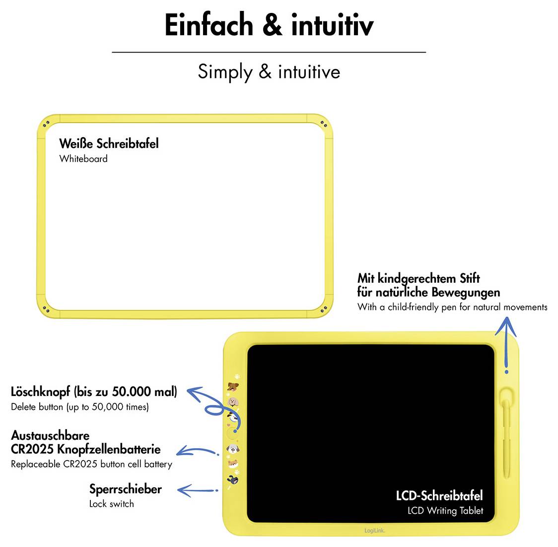 Produktvergleichsgrafik, die ein Whiteboard und ein schwarzes LCD-Schreibtablett mit gelbem Rahmen zeigt, wobei die Löschenschaltfläche, der austauschbare Akku, der Sperrschalter und der kinderfreundliche Stylus hervorgehoben werden.