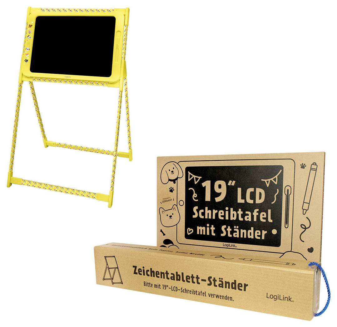Gelbes klappbares Kinder-Zeichenbrett mit Ständer, dargestellt mit seiner Kartonverpackung mit der Beschriftung "19" LCD-Schreibtafel mit Ständer" und "Zeichentablett-Ständer".