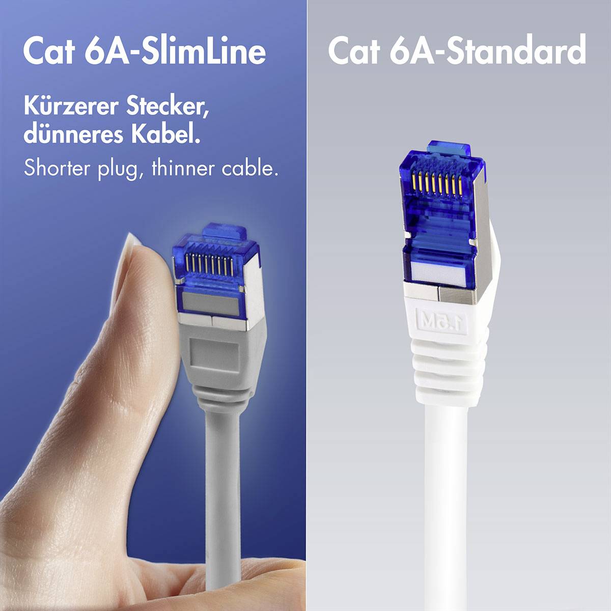 Seite-an-Seite-Vergleich von Cat 6A SlimLine und Standard-Ethernet-Steckern; SlimLine gezeigt mit „Kürzerer Stecker, dünneres Kabel."