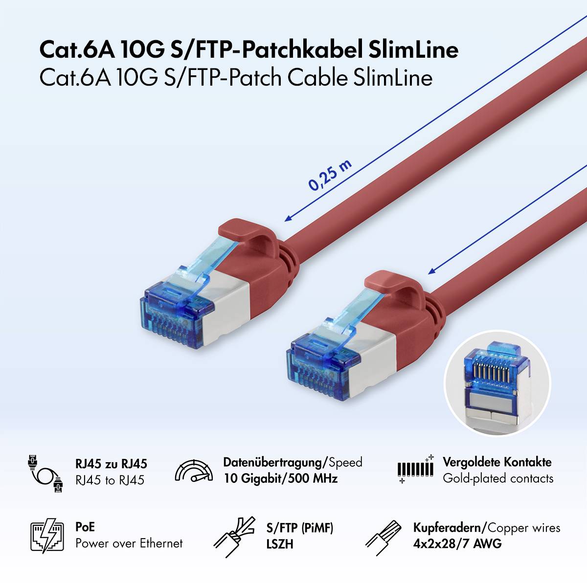 Angebot für ein Cat.6A 10G S/FTP Patch-Kabel SlimLine, das rote RJ45-zu-RJ45-Kabel mit 0,25 m Länge und Funktionen wie vergoldete Kontakte, PoE und Kupferdrähte zeigt.