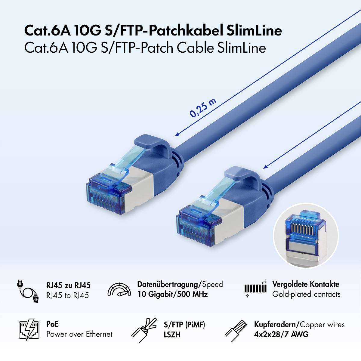 Produktabbildung von zwei blauen Cat.6A S/FTP SlimLine RJ45-Patchkabeln mit der Bezeichnung 0,25 m, mit Symbolen für 10 Gigabit/500 MHz, PoE, vergoldete Kontakte und Kupferleitungen.