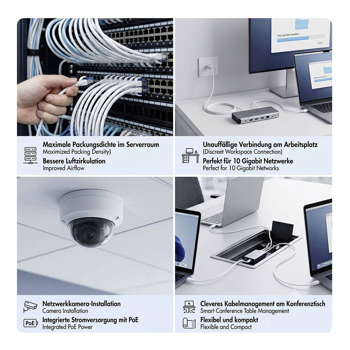 Vier-Panel-Netzwerk-Verkabelungs-Infografik zeigt dichte Server-Rack-Verkabelung, einen wandgebundenen Arbeitsplatz, eine PoE-Deckenkamera und Kabelmanagement am Konferenztisch.