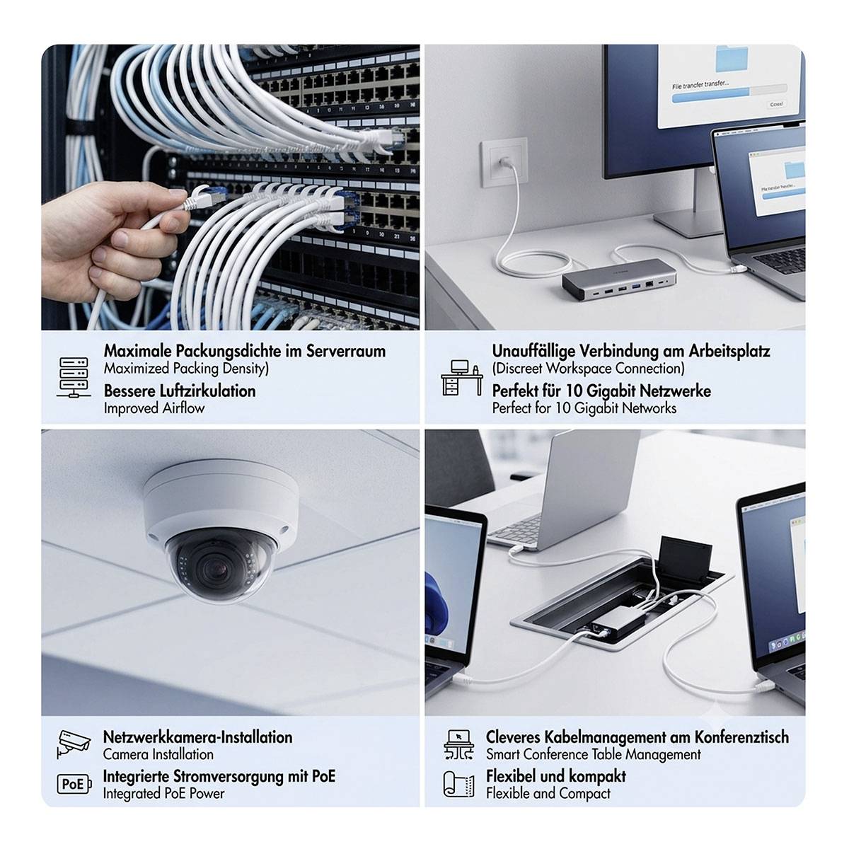 Vierteiliges Netzwerk-Infografik mit: dichter Serverschrank-Verkabelung für verbesserten Luftfluss, eine diskrete 10-Gigabit-Arbeitsplatzverbindung, eine PoE-Sicherheitskamerainstallation und intelligentes Kabelmanagement in einem Konferenztisch.