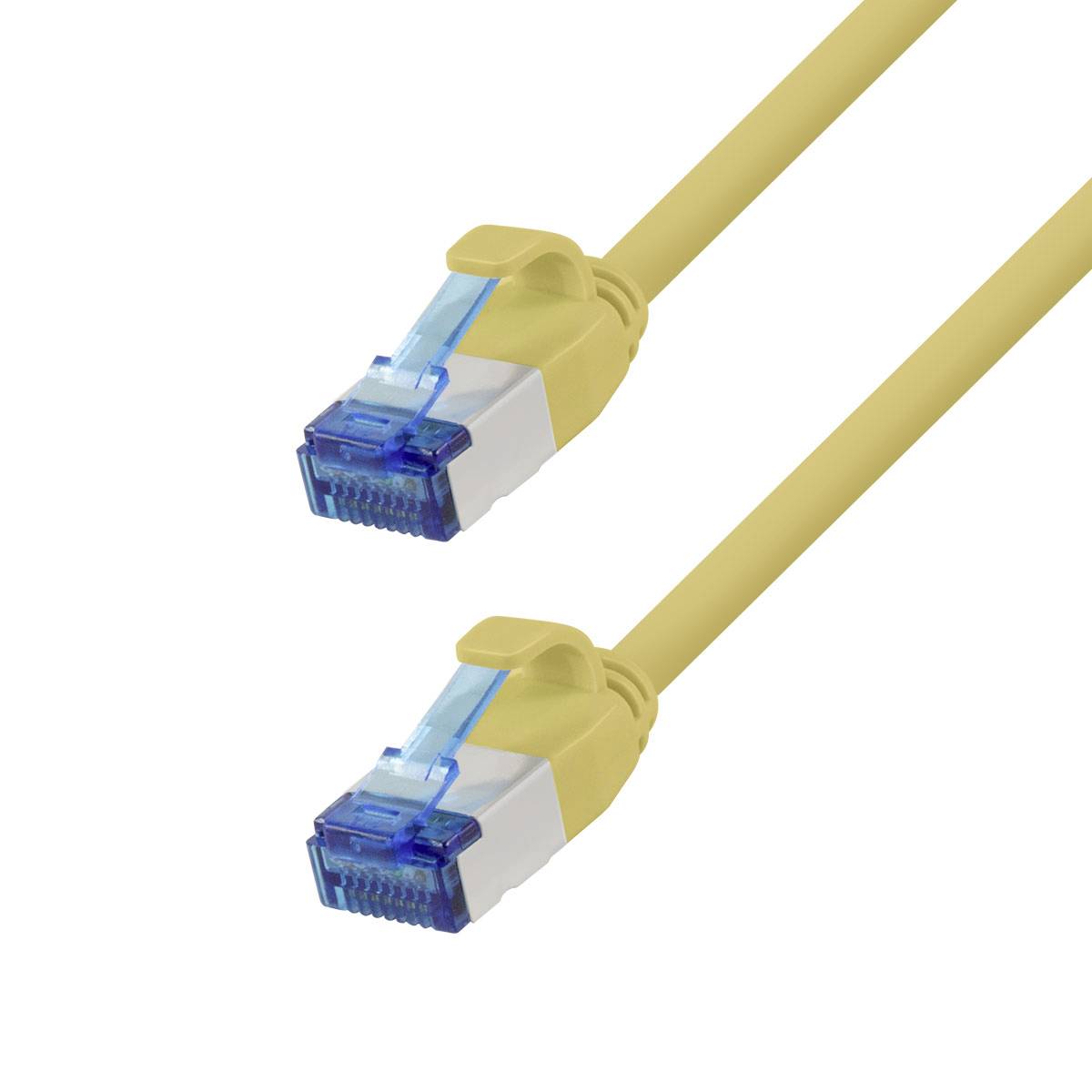 Zwei gelbe Ethernet-Netzwerkkabel mit blauen RJ45-Steckern auf weißem Hintergrund.