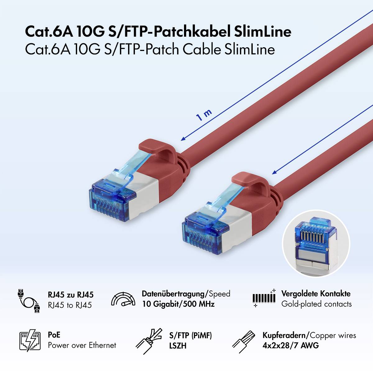 Produktbild eines Cat.6A 10G S/FTP Patch-Kabels SlimLine mit zwei roten RJ45-Steckern, 1 m Länge und Symbolen für RJ45-zu-RJ45, PoE, 10 Gigabit/500 MHz, vergoldete Kontakte, LSZH und Kupferleitungen.