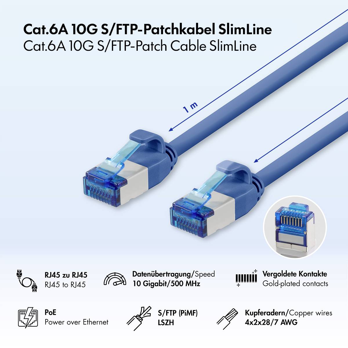Produktbild eines Cat.6A 10G S/FTP schlanken Patchkabels, 1 m lang, mit RJ45-Steckern und Symbolen, die 10 Gigabit/500 MHz, PoE, vergoldete Kontakte und Kupferdrähte hervorheben.
