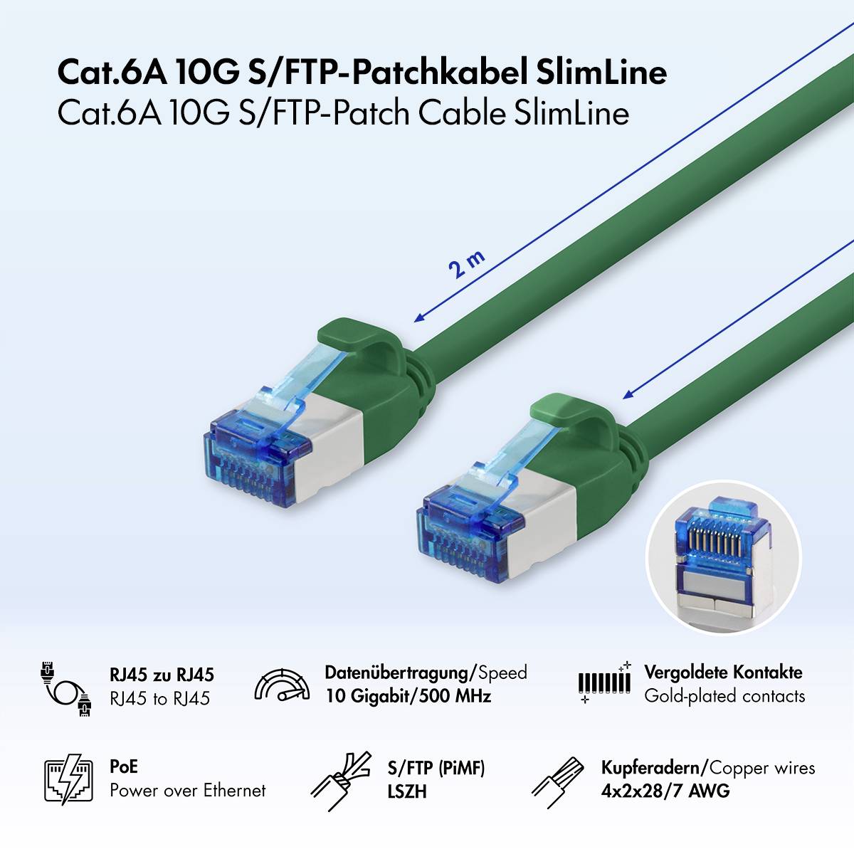 Produktbild eines Cat.6A 10G S/FTP Patchkabels SlimLine, dargestellt mit RJ45-Steckern, 2 m Länge und Symbolen für 10 Gbit/s, PoE, vergoldete Kontakte und Kupferleitungen.