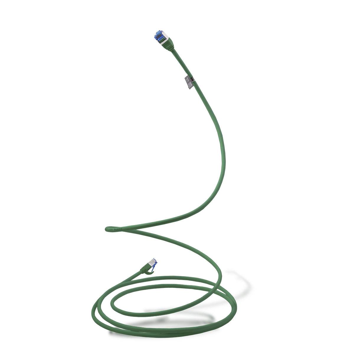 Grünes Ethernet-Kabel mit RJ45-Steckern, aufgerollt und aufrecht auf weißem Hintergrund.