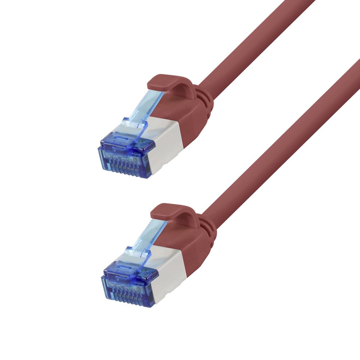 Zwei Ethernet-Kabelstecker mit durchsichtigen blauen Spitzen und braunen Kabeln auf weißem Hintergrund.