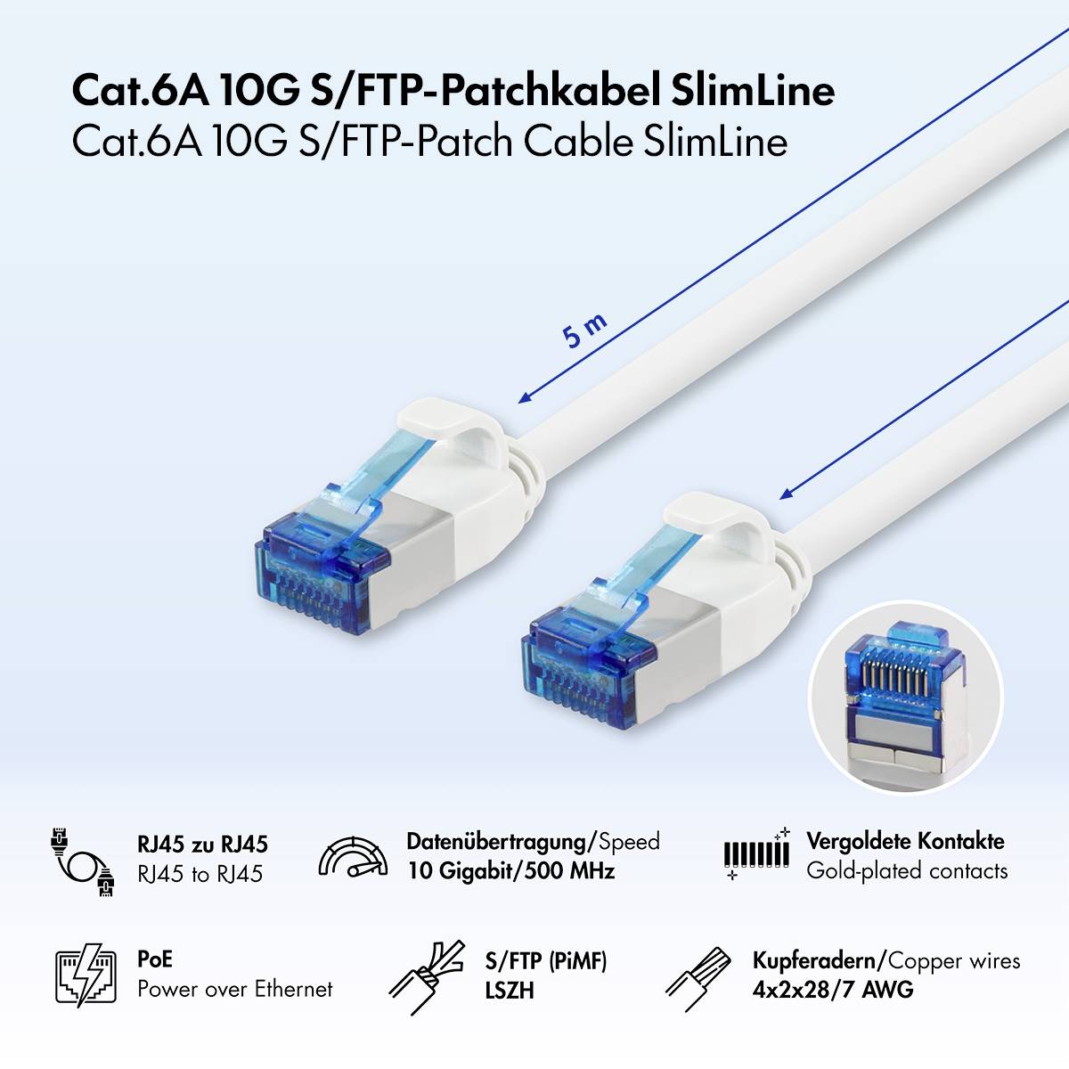 Produktbild eines weißen Cat.6A S/FTP SlimLine RJ45 Patchkabels mit einer Länge von 5 m, dargestellt mit vergoldeten Steckern und Feature-Symbolen für 10 Gigabit/500 MHz, PoE, LSZH und Kupferleitungen.