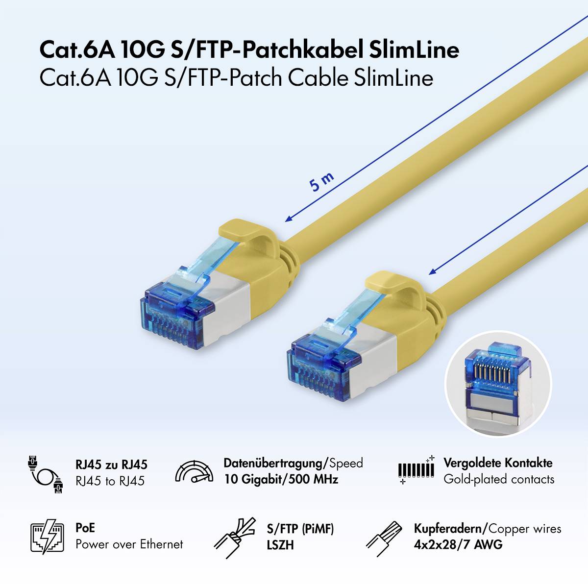 Cat.6A 10G S/FTP Patchkabel SlimLine, 5 m gelb RJ45-Kabel mit vergoldeten Kontakten; unterstützt Power over Ethernet und 10 Gigabit/500 MHz.