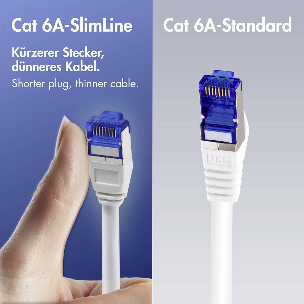 Nebeneinanderstellung von Cat 6A SlimLine und Cat 6A Standard Ethernet-Steckern, die das kürzere Steckergehäuse und das dünnere Kabel des SlimLine hervorhebt.
