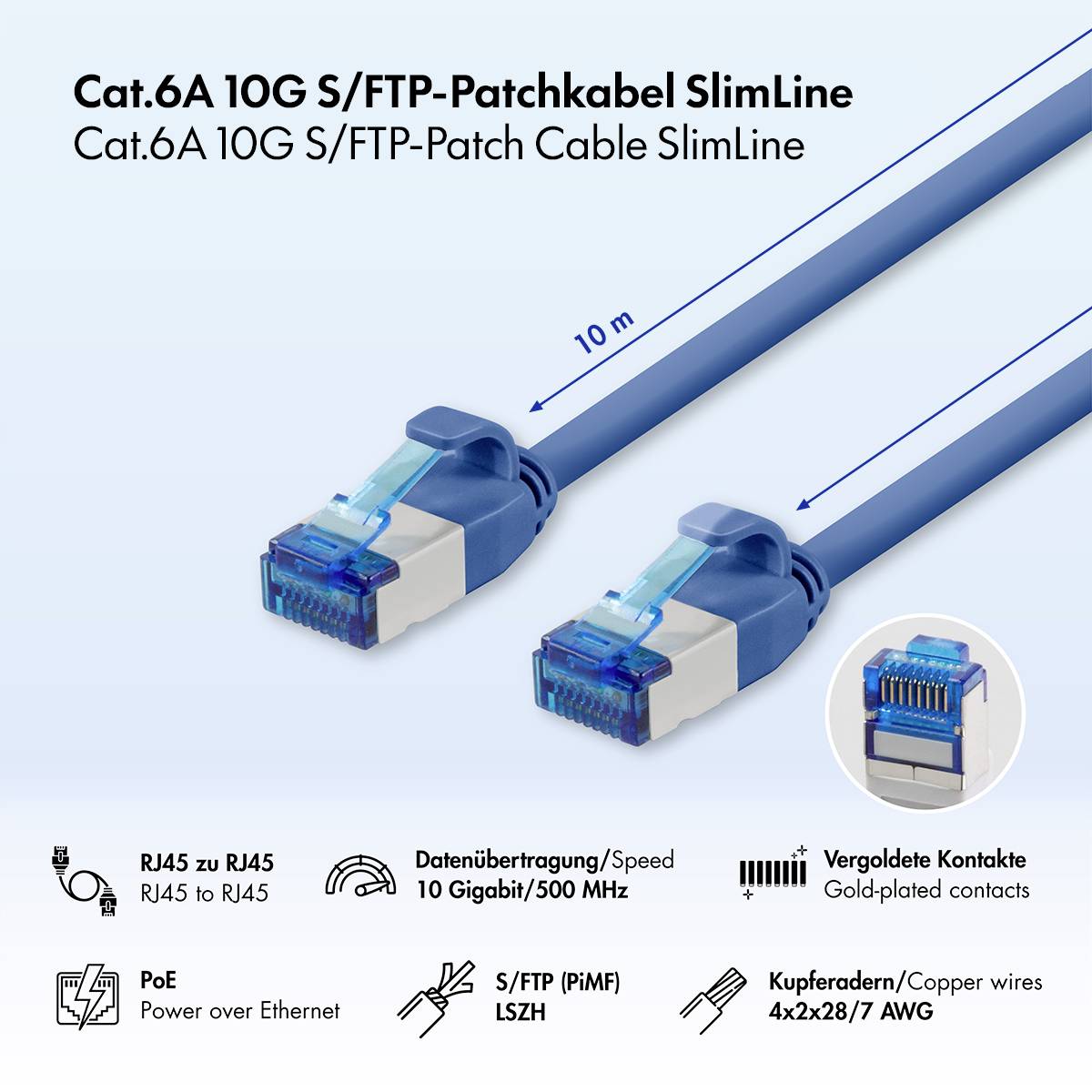 Produktbild eines blauen Cat.6A 10G S/FTP Patchkabels, 10 m lang, mit RJ45-Steckern und aufgelisteten Merkmalen: PoE, vergoldete Kontakte, Kupferdraht, LSZH, 10 Gigabit/500 MHz.