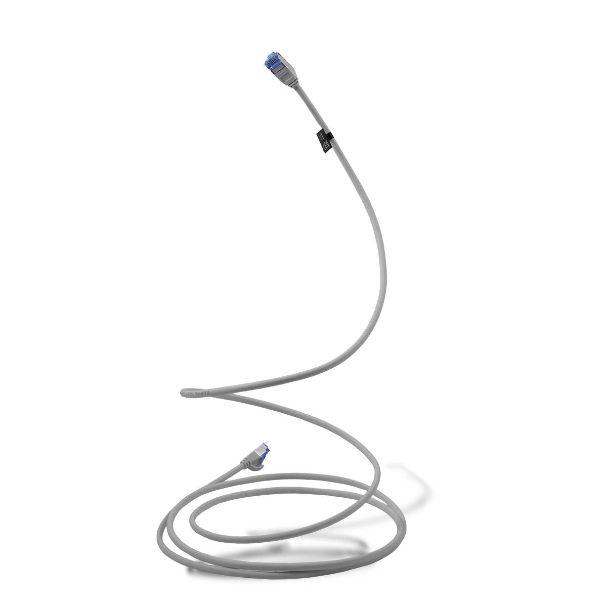 Aufgerolltes graues Ethernet-Kabel mit RJ45-Steckern, ein Ende angehoben und ein Ende in Schleifen gegen einen weißen Hintergrund ruhend.