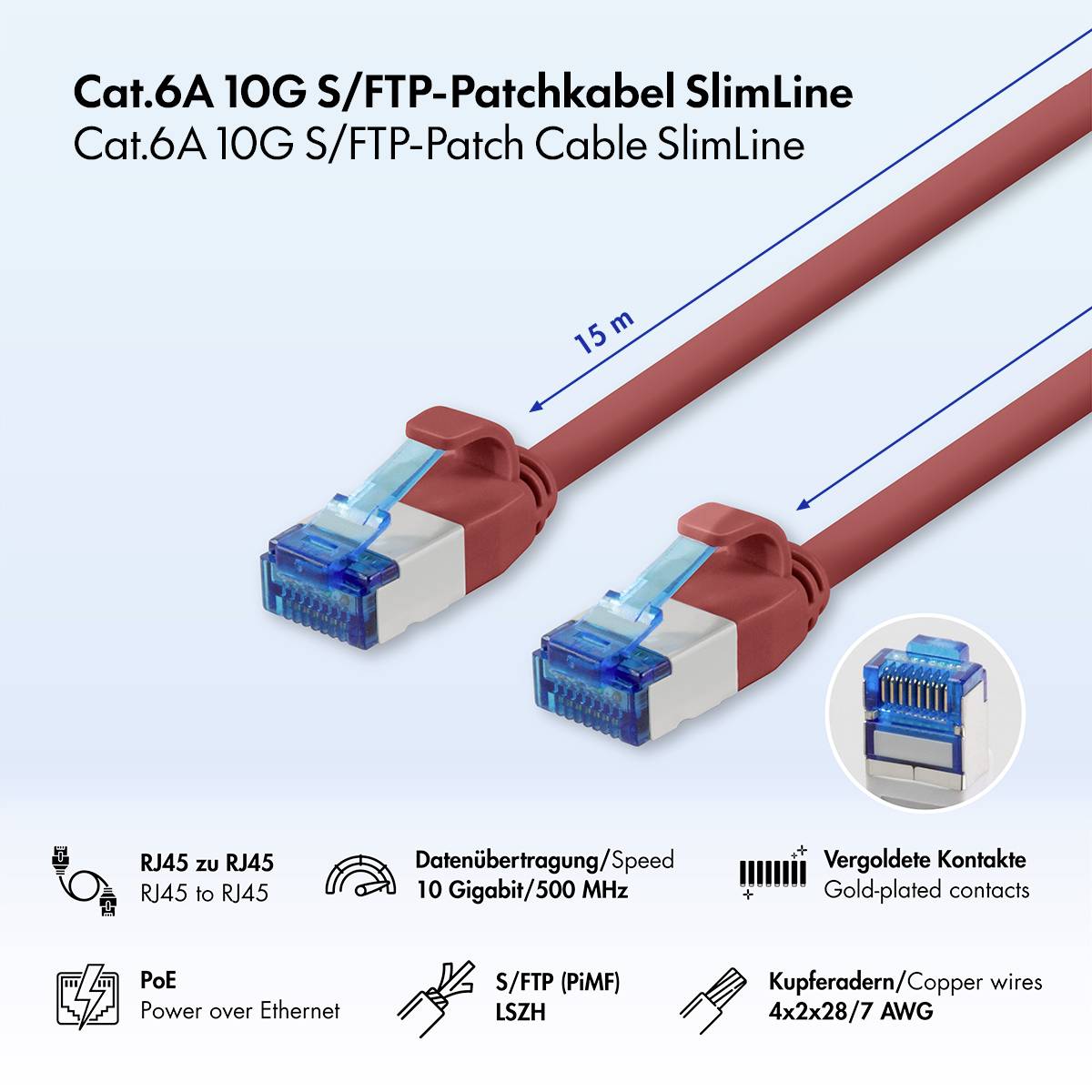Cat.6A 10G S/FTP SlimLine Patchkabel mit RJ45-Steckern, gezeigt in 15 m Länge; Ausstattungsmerkmale umfassen PoE, 10 Gbit/s/500 MHz, vergoldete Kontakte, Kupferleitungen und LSZH-Abschirmung.