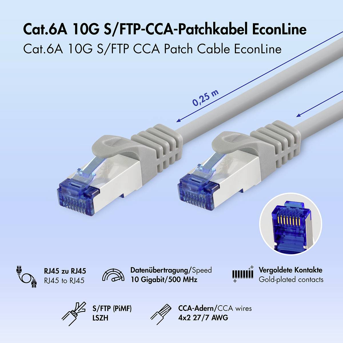 Produktbild eines Cat.6A 10G S/FTP CCA-Patchkabels, 0,25 m lang, mit RJ45-Steckern und Symbolen für 10 Gigabit/500 MHz, vergoldete Kontakte, S/FTP und CCA-Draht-Details.