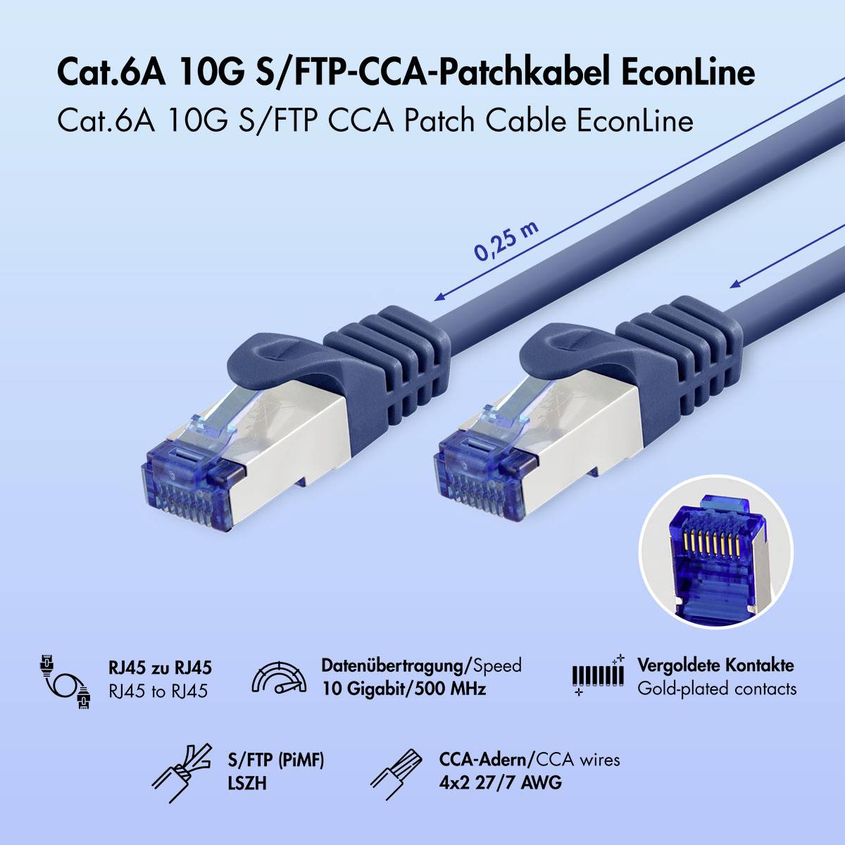 Produktbild eines 0,25 m Cat.6A S/FTP CCA Ethernet-Patchkabels mit RJ45-Steckern, das vergoldete Kontakte und 10-Gigabit-/500-MHz-Geschwindigkeit aufweist.