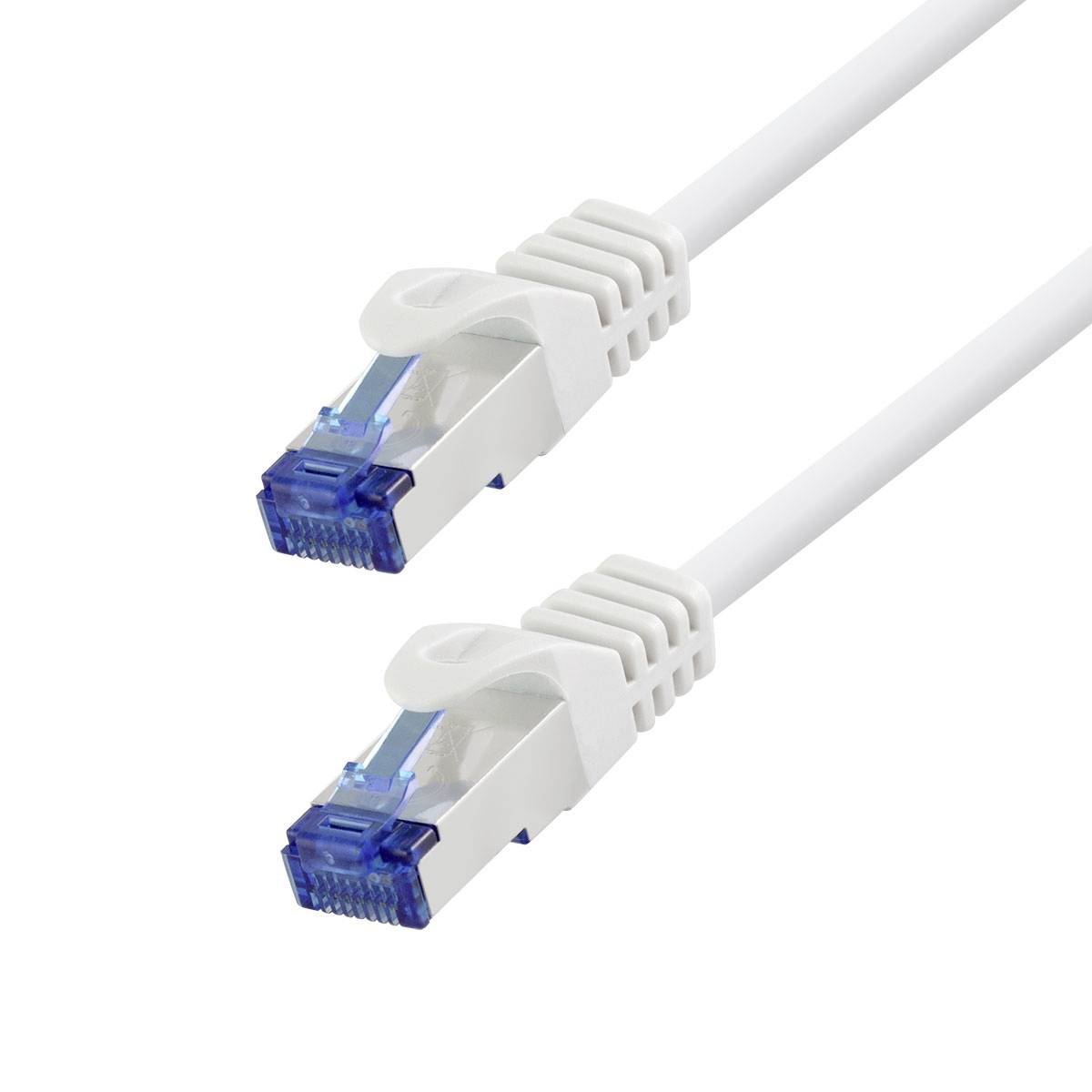 Zwei weiße Ethernet-Kabel mit blauen RJ45-Steckern auf weißem Hintergrund abgebildet.