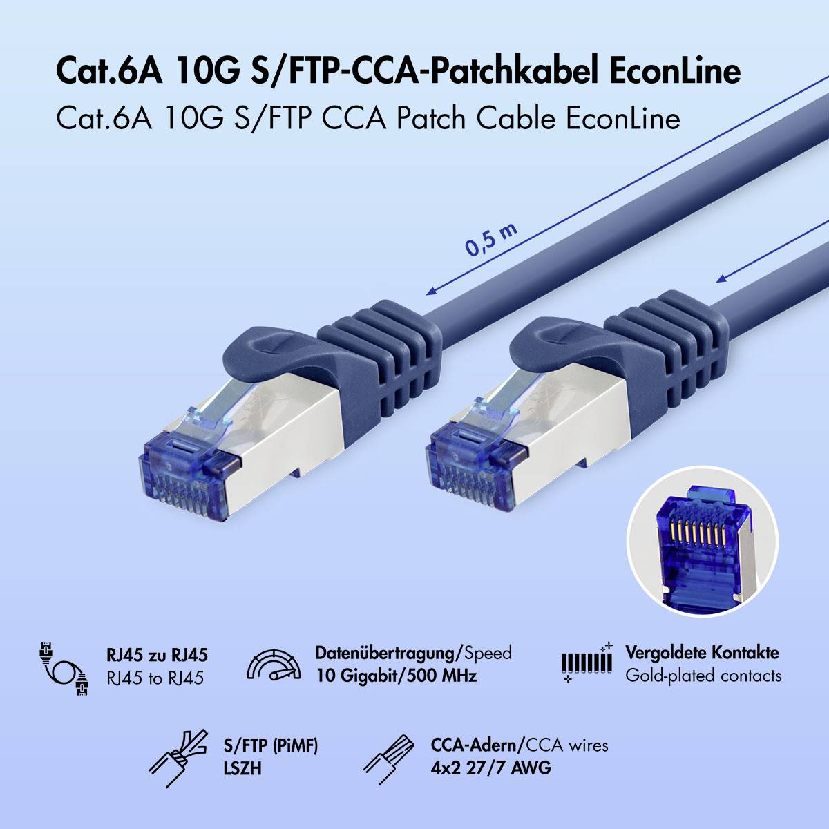 Produktbild eines Cat.6A 10G S/FTP CCA Patchkabels, 0,5 m lang, mit RJ45-Steckern und vergoldeten Kontakten; Symbole vermerken 10 Gbit/s und 500 MHz.