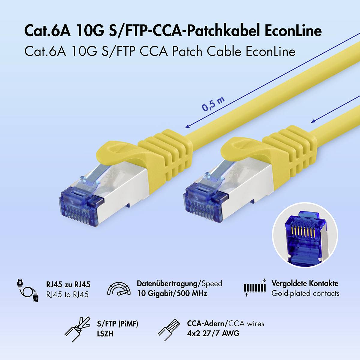 Produktbild eines gelben Cat.6A 10G S/FTP CCA Ethernet-Patchkabels, dargestellt mit RJ45-Steckern, 0,5 m Länge und Symbolen für 10 Gbit/500 MHz, vergoldete Kontakte und CCA-Drähte.