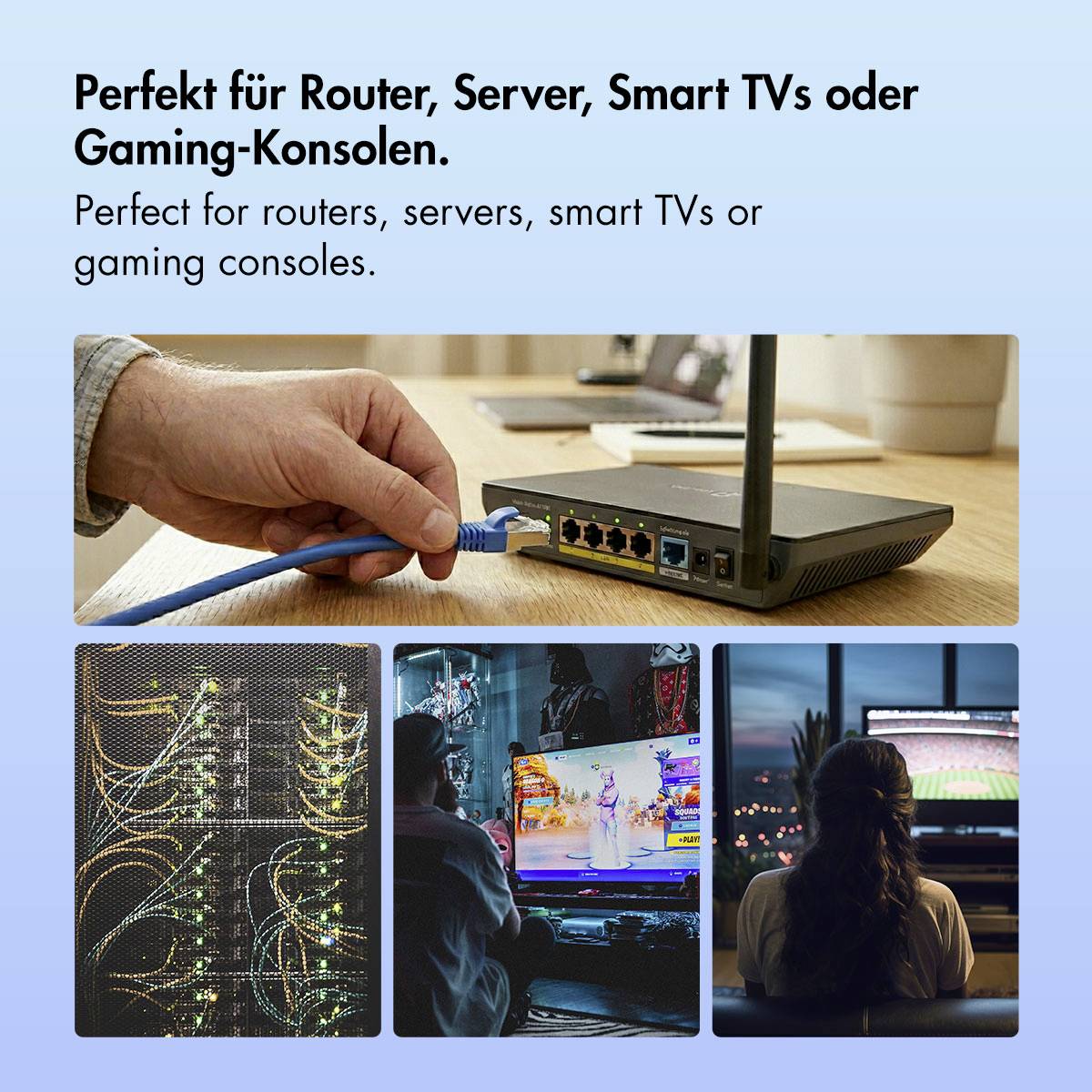 Werbegrafik, die ein Ethernet-Kabel zeigt, das in einen Router eingesteckt ist, mit Text, der angibt, dass es perfekt für Router, Server, Smart-TVs und Spielkonsolen ist.