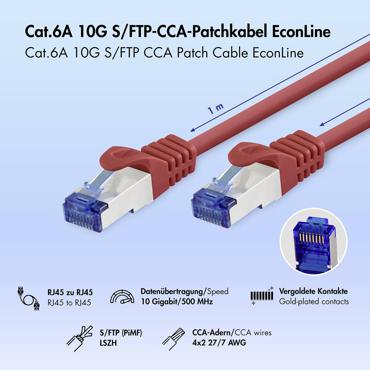 Produktbild eines roten Cat.6A 10G S/FTP CCA-Patchkabels, dargestellt mit RJ45-Steckern, Längenangabe '1 m' und Symbolen, die 10 Gigabit/500 MHz, vergoldete Kontakte und CCA-Drähte hervorheben.