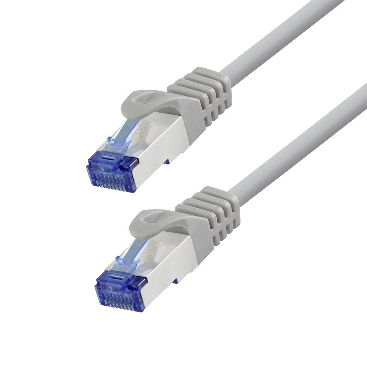 Zwei graue Ethernet-Kabel mit blauen RJ45-Steckern auf weißem Hintergrund abgebildet.