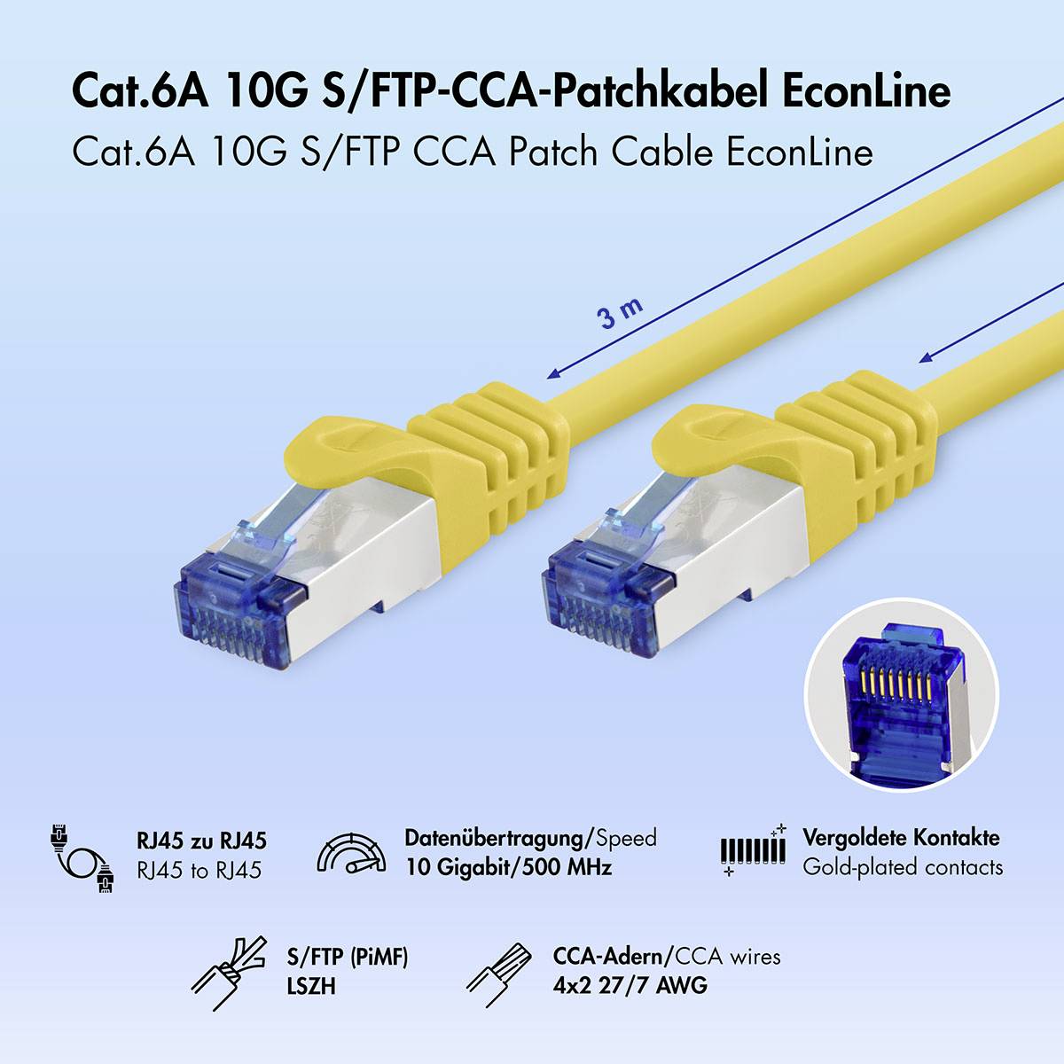 Produktbild eines gelben Cat.6A 10G S/FTP CCA RJ45-Patchkabels, 3 m lang, mit eingefügter Nahaufnahme des Steckers und Symbolen, die 10 Gigabit/500 MHz, vergoldete Kontakte und CCA-Drahtdetails zeigen.