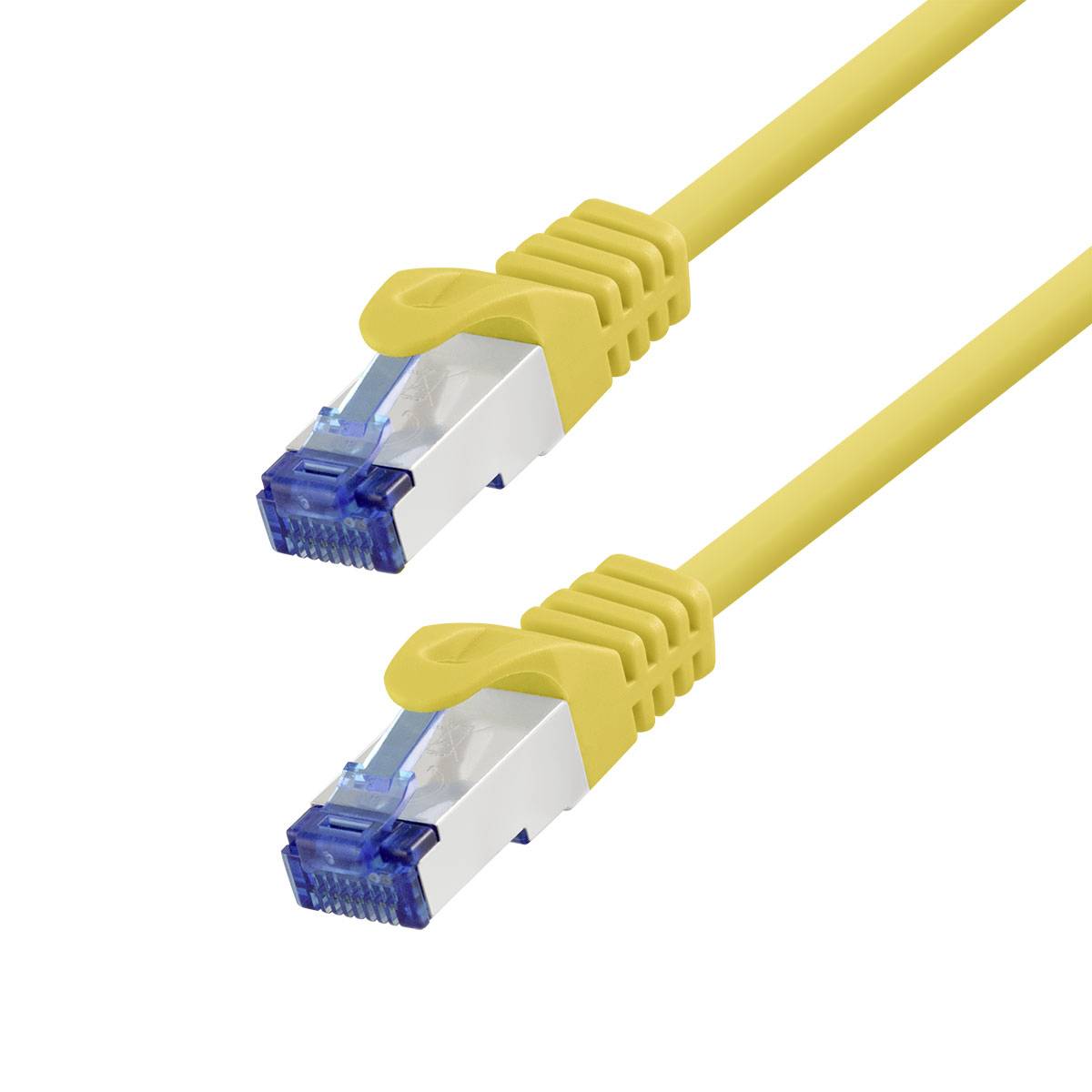 Zwei gelbe Ethernet-Netzwerkkabel mit blauen RJ45-Steckern auf weißem Hintergrund.