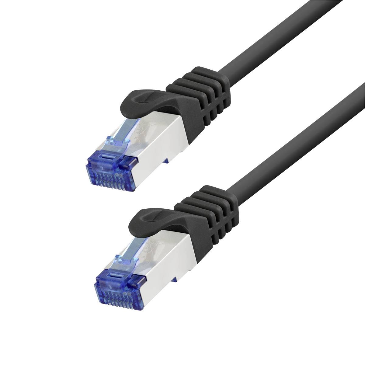 Zwei schwarze Ethernet-Kabel mit blauen RJ45-Steckern auf weißem Hintergrund.