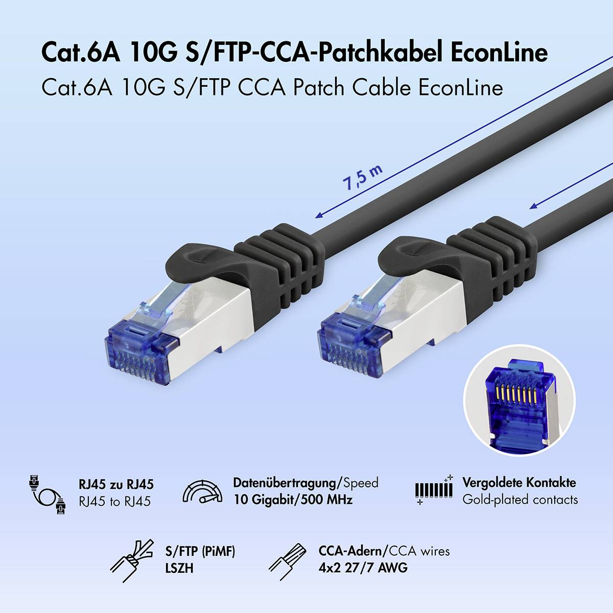 Produktbild eines Cat.6A 10G S/FTP CCA Ethernet Patchkabels, 7,5 m lang, mit RJ45-Steckern und vergoldeten Kontakten; unterstützt 10 Gigabit/500 MHz.