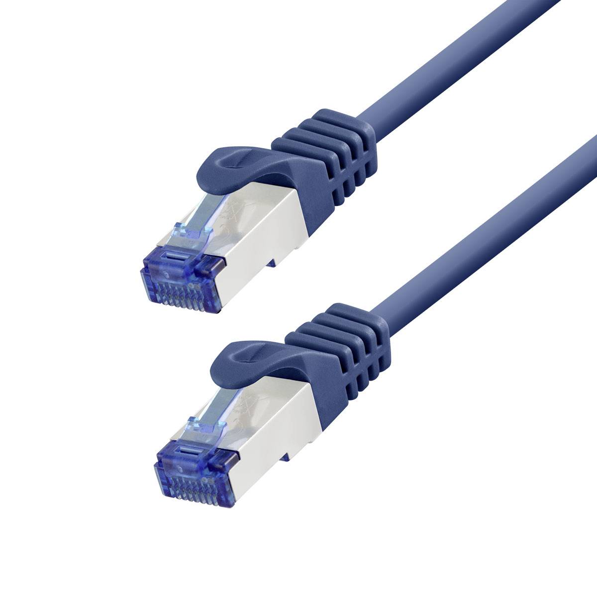 Zwei blaue Ethernet-Netzwerkkabel mit RJ45-Steckern auf weißem Hintergrund.