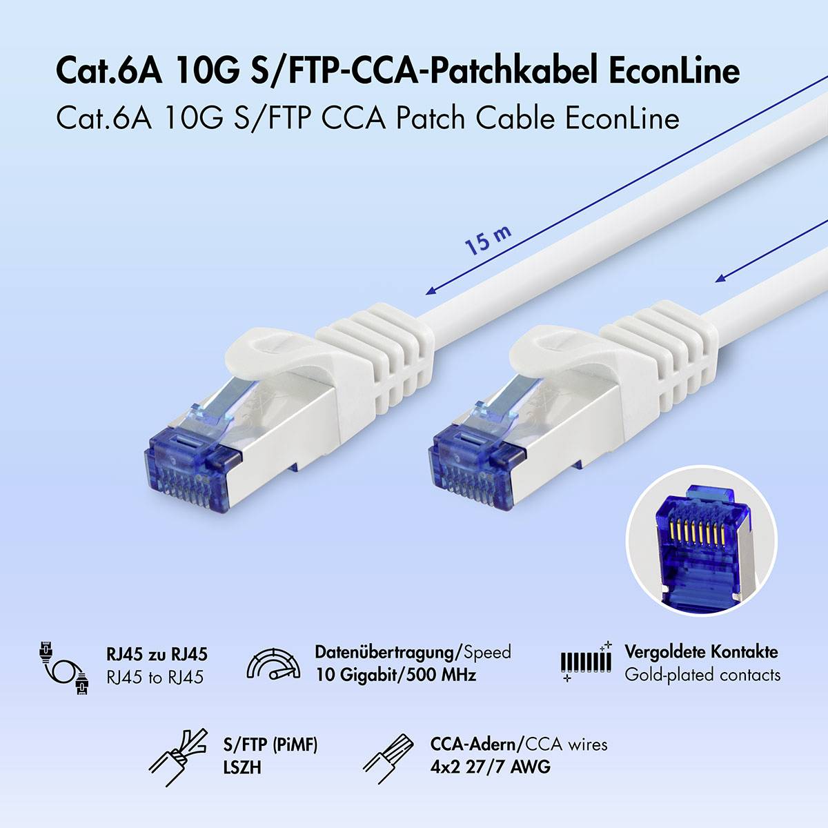 Produktbild eines weißen Cat.6A 10G S/FTP CCA Ethernet Patchkabels, 15 m lang, mit RJ45-Steckern und Funktionssymbolen für 10 Gigabit/500 MHz und vergoldete Kontakte.