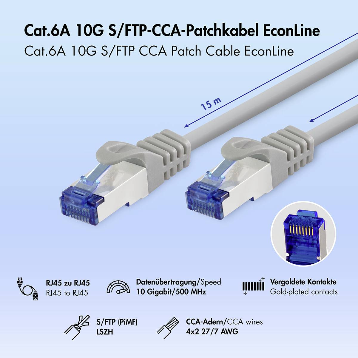 Produktbild eines Cat.6A 10G S/FTP CCA Patchkabels, das RJ45-Stecker zeigt, 15 m Länge und Merkmale wie vergoldete Kontakte und 10-Gbit/500-MHz-Unterstützung.