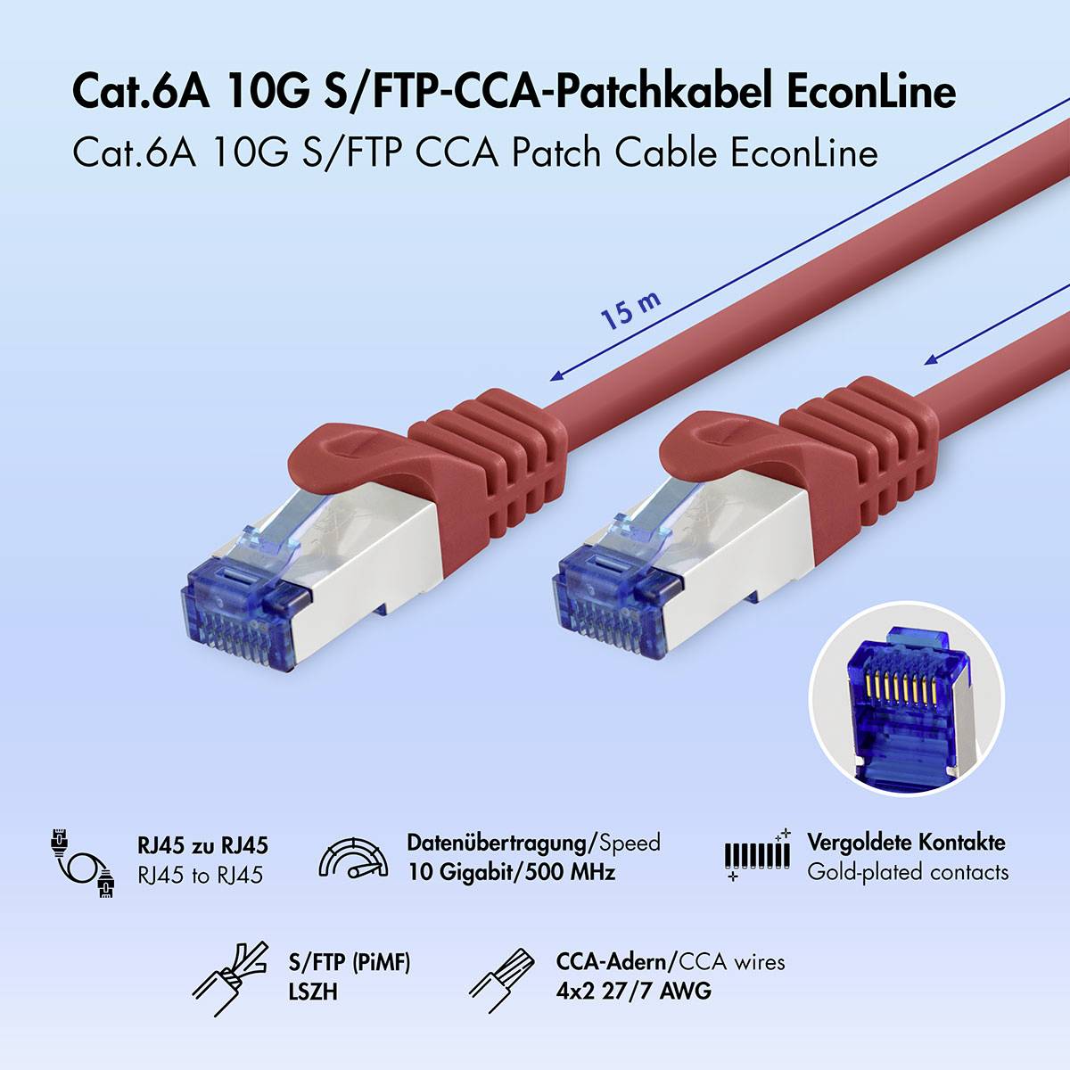Produktbild eines roten RJ45-auf-RJ45-Cat.6A-S/FTP-CCA-Ethernet-Patchkabels, dargestellt als 15 m langes Kabel mit vergoldeten Kontakten und 10-Gigabit-/500-MHz-Geschwindigkeit.
