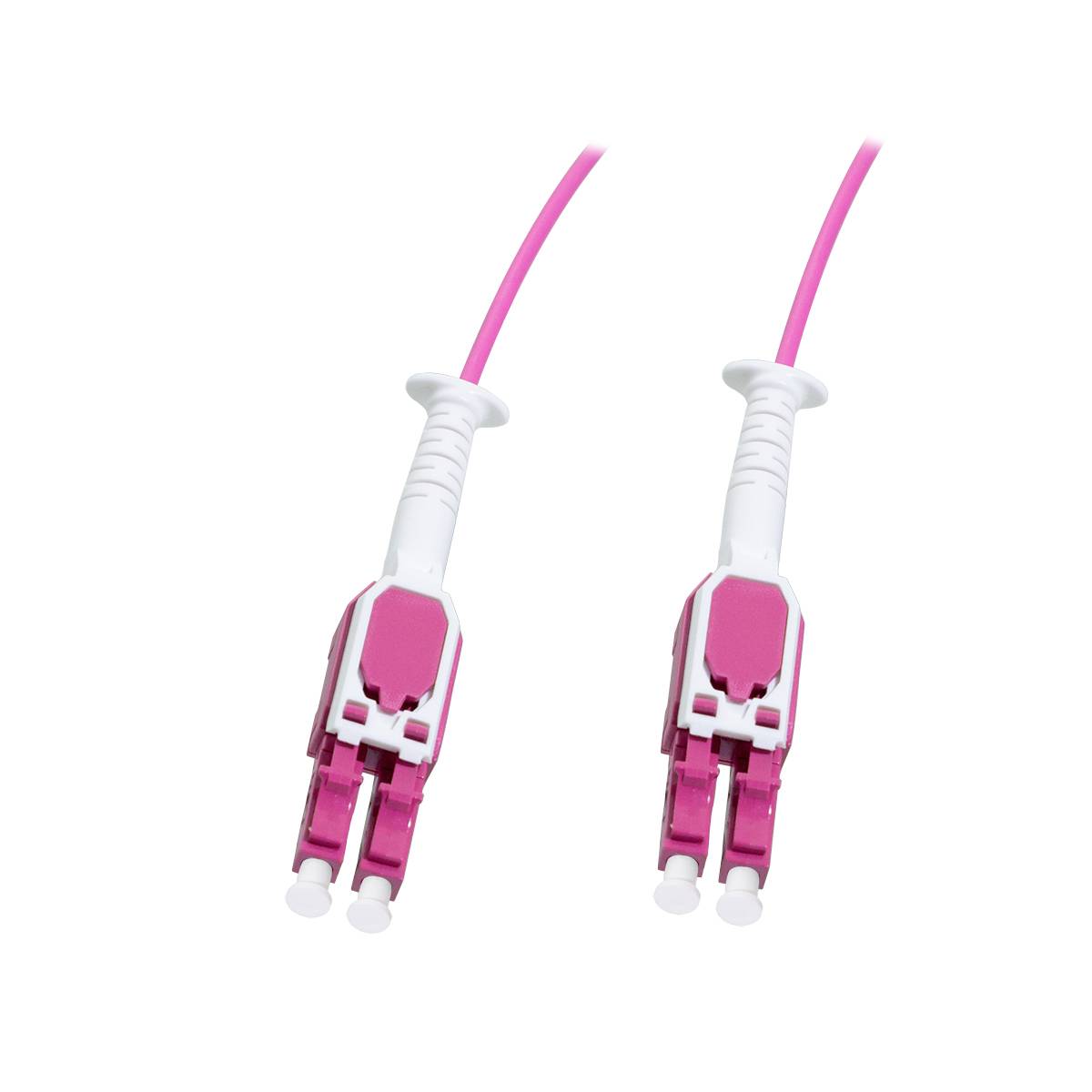 Zwei rosa Glasfaserstecker mit weißen Gehäusen auf weißem Hintergrund.