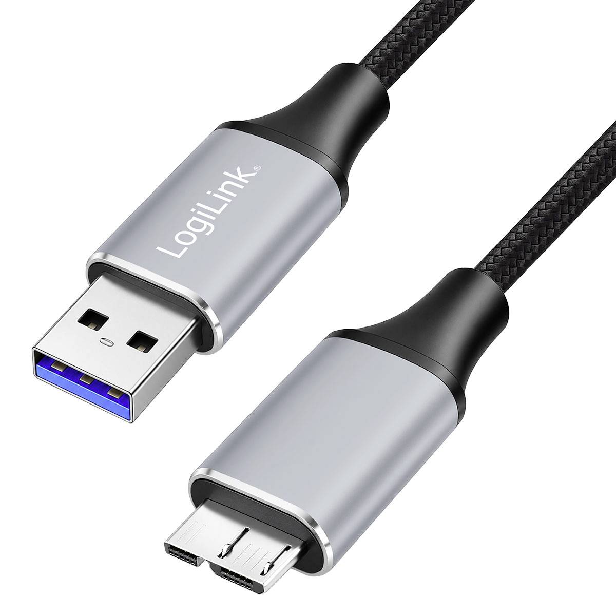 USB-A-auf-Micro-USB-Ladekabel mit geflochtenem schwarzem Kabel und silbernen LogiLink-Steckern auf weißem Hintergrund dargestellt.