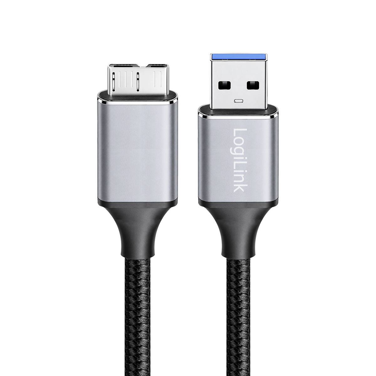 Zwei Nahaufnahmen von Steckverbindern auf weißem Hintergrund: ein USB-C-Stecker und ein USB-A-Stecker mit der Beschriftung „LogiLink".