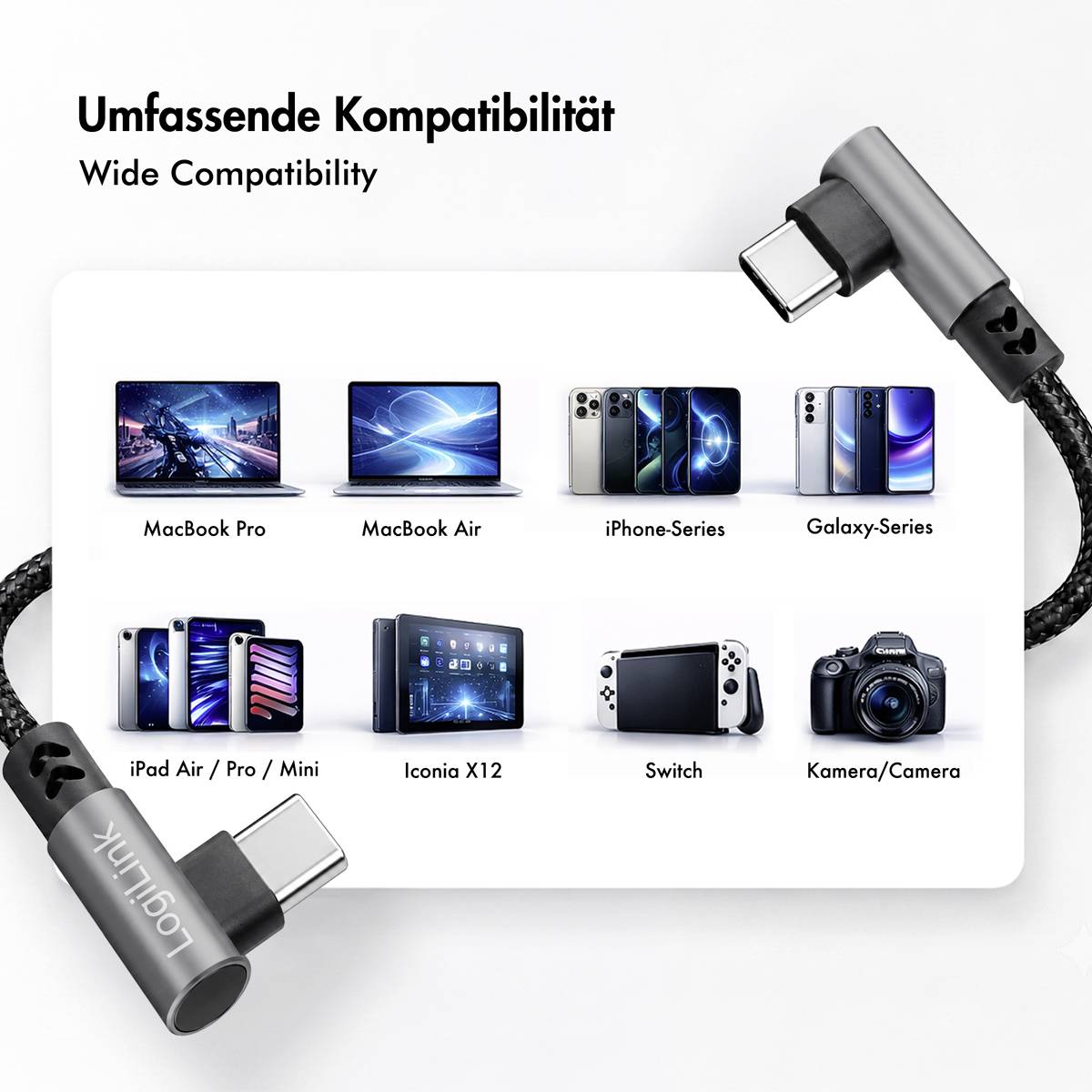 Werbegrafik mit dem Titel „Breite Kompatibilität" zeigt ein USB-C-Kabel, das mit MacBook Pro, MacBook Air, iPhone, Galaxy-Telefonen, iPad, Iconia X12, Switch und Kamera kompatibel ist.