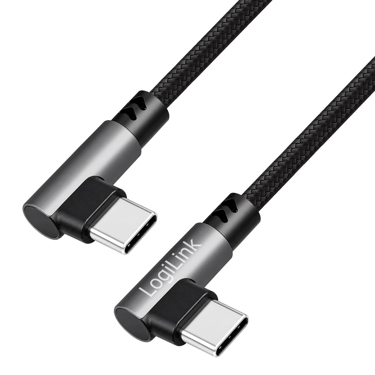 Zwei gewinkelte geflochtene USB-C-Ladekabel mit Winkelsteckern, eines mit der Bezeichnung „LogiLink