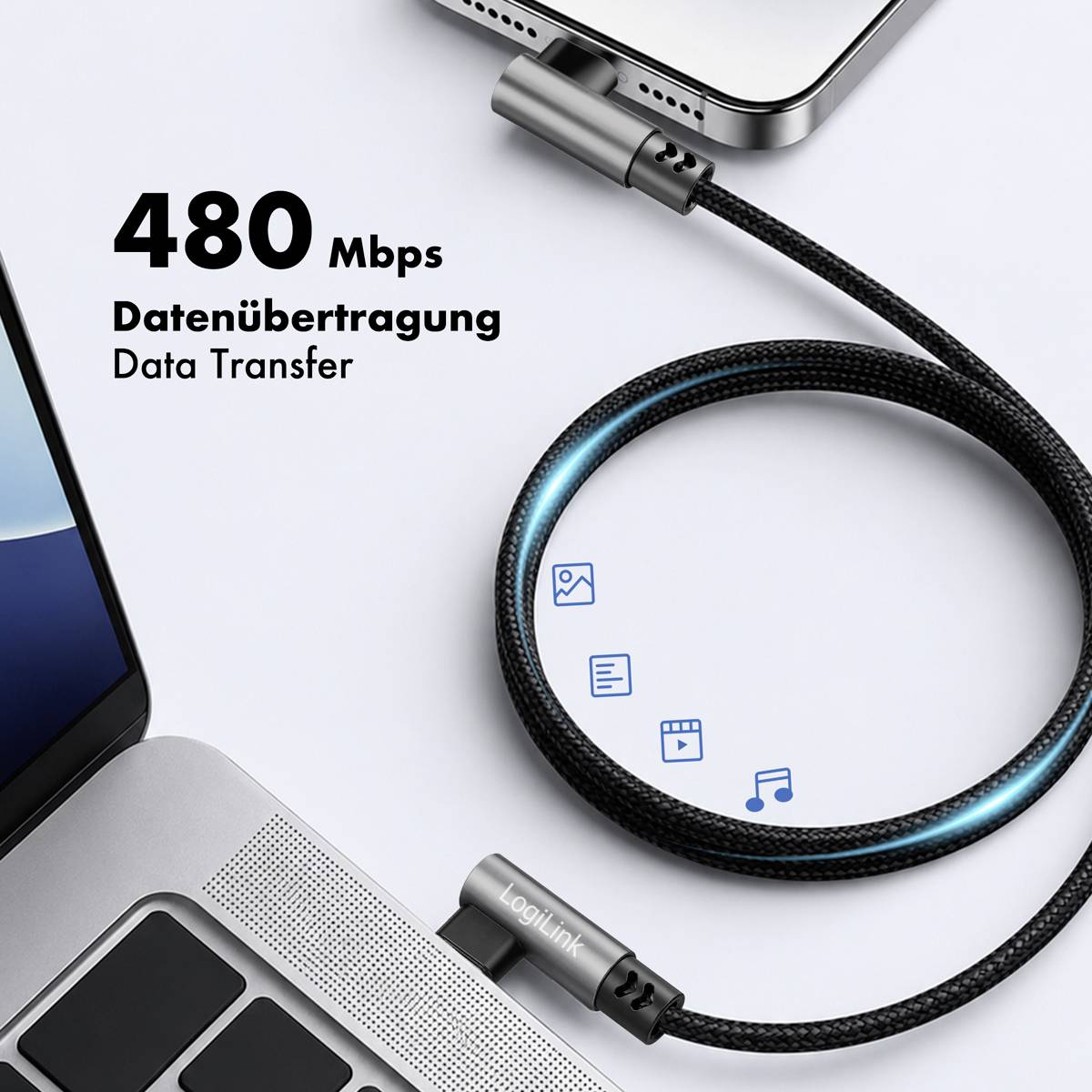 Werbebild eines geflochtenen USB-C-Kabels, das Geräte verbindet, mit der Bezeichnung „480 Mbps Datenübertragung" und „Data Transfer" sowie kleinen Symbolen für Dateien, Videos und Musik.