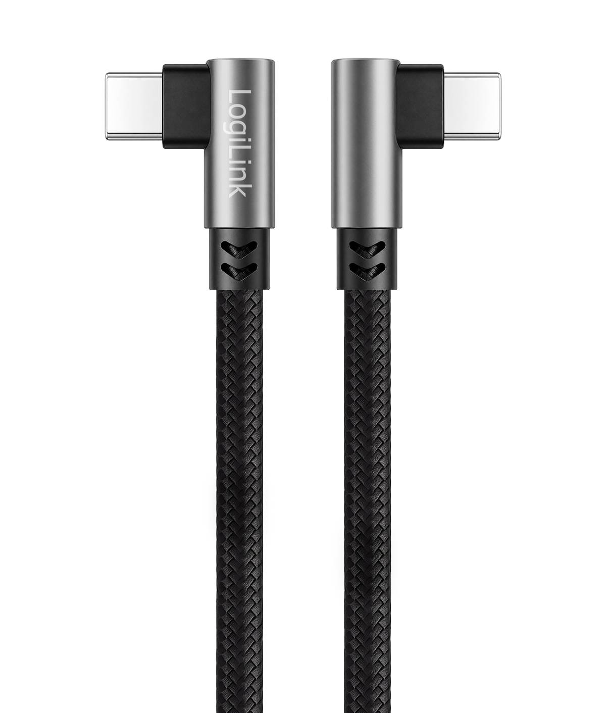 Zwei rechtwinklige USB-C-Ladekabel mit geflochtenen schwarzen Kabeln und silber-schwarzen Steckern, nebeneinander auf weißem Hintergrund dargestellt.