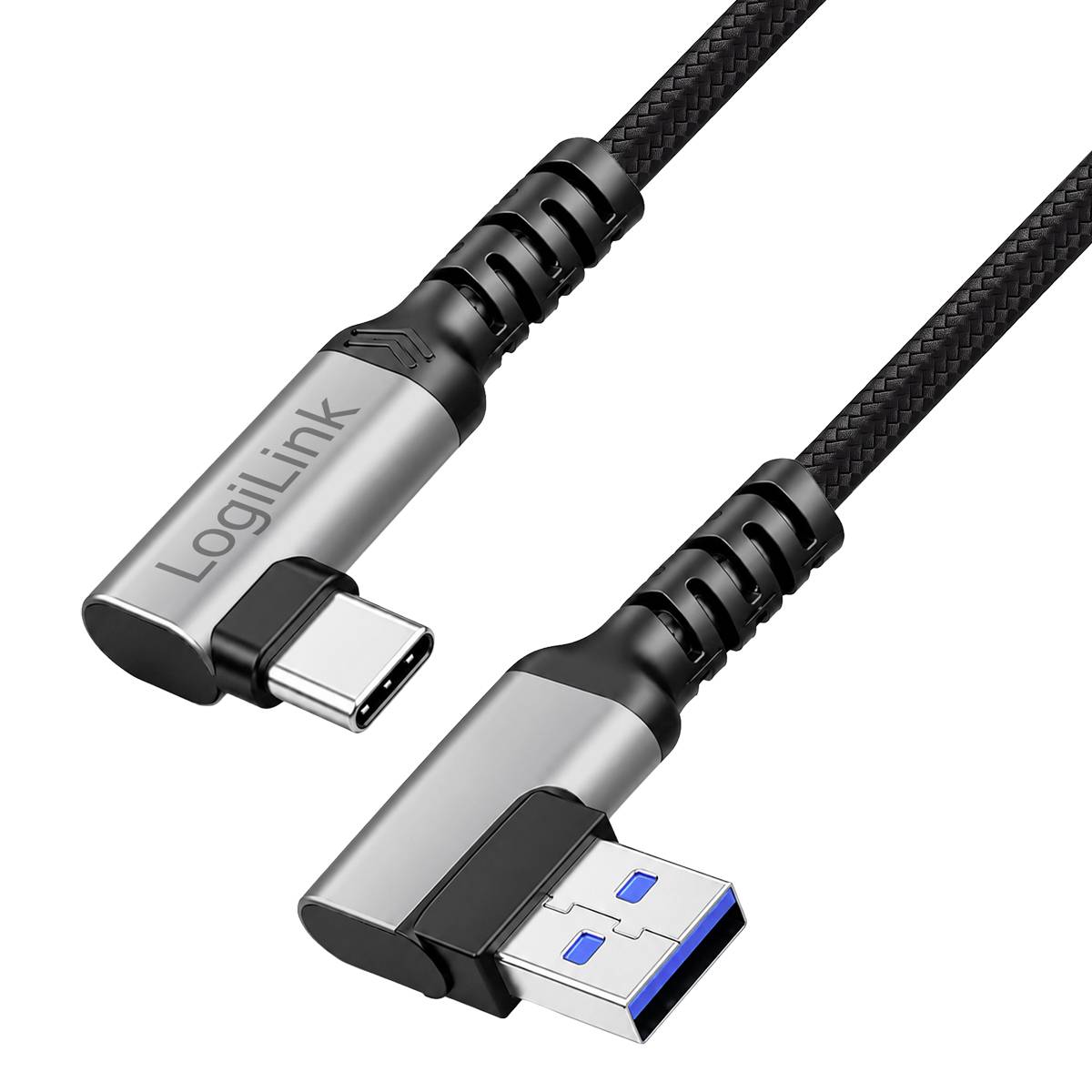 Zwei abgewinkelte USB-Lade-/Datenkabel auf weißem Hintergrund: ein USB-C-Stecker und ein USB-A-Stecker, beide von LogiLink.