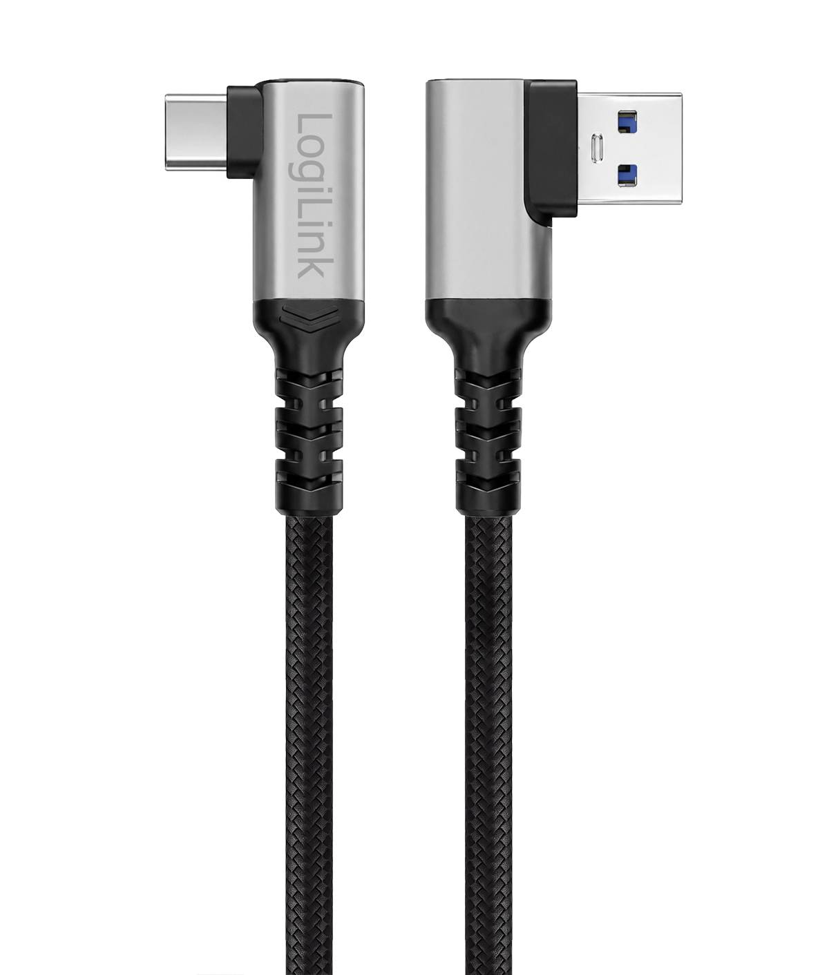 Rechtwinkliges USB-C-zu-USB-A-Kabel mit gewebter schwarzer Schnur und silbernen Steckern, Ende an Ende auf weißem Hintergrund dargestellt.