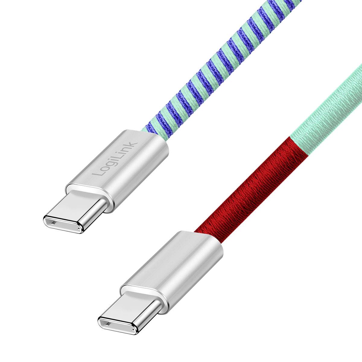 Zwei USB-C-Kabelenden mit silbernen Steckern; eines gestreift blauviolett, das andere minzgrün und rot, auf weißem Hintergrund abgebildet.