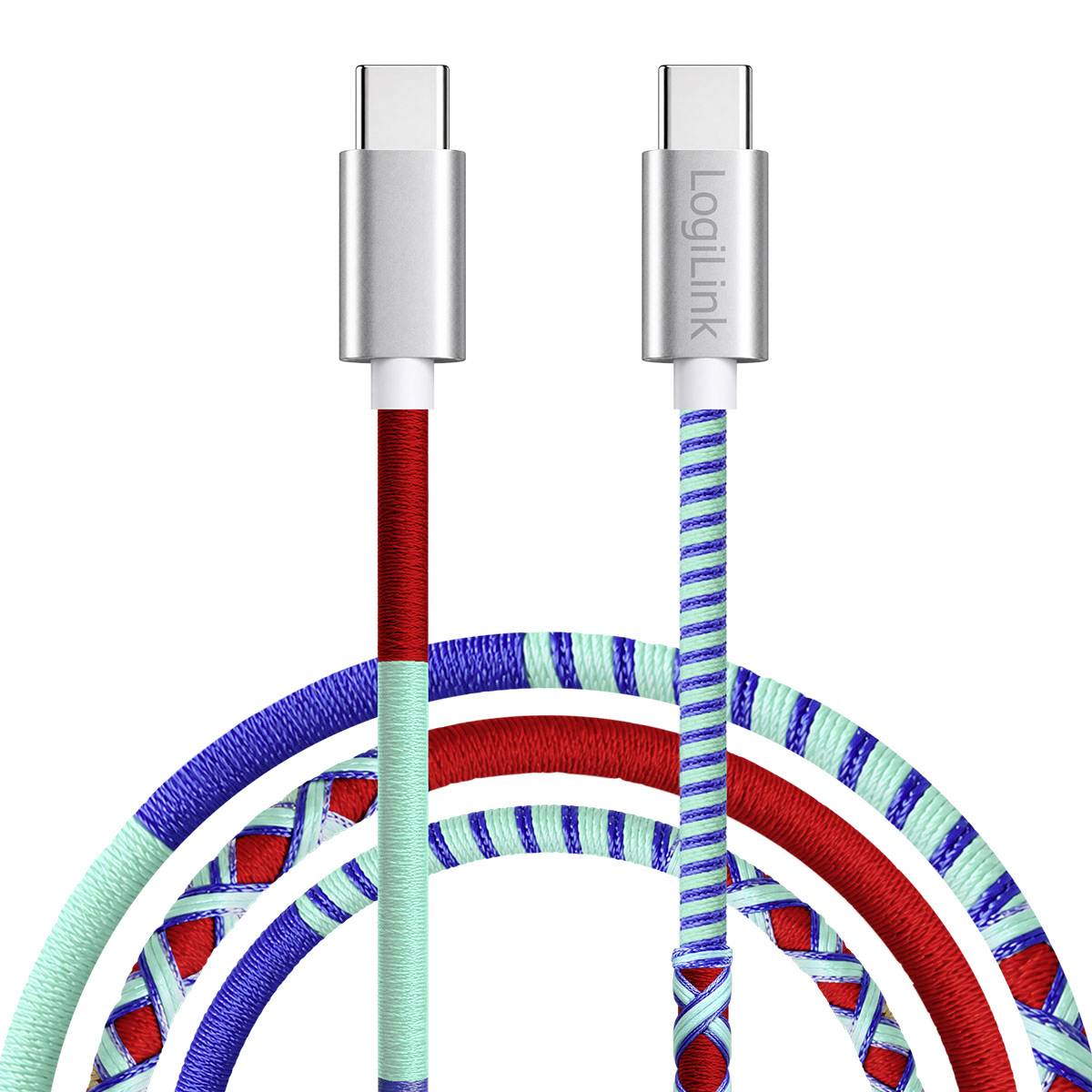 Zwei geflochtene USB-C-Kabel mit silbernen Steckern, eines rot und eines mit grün-weiß und blau gestreift, aufgerollt und sich überlappend auf weißem Hintergrund.