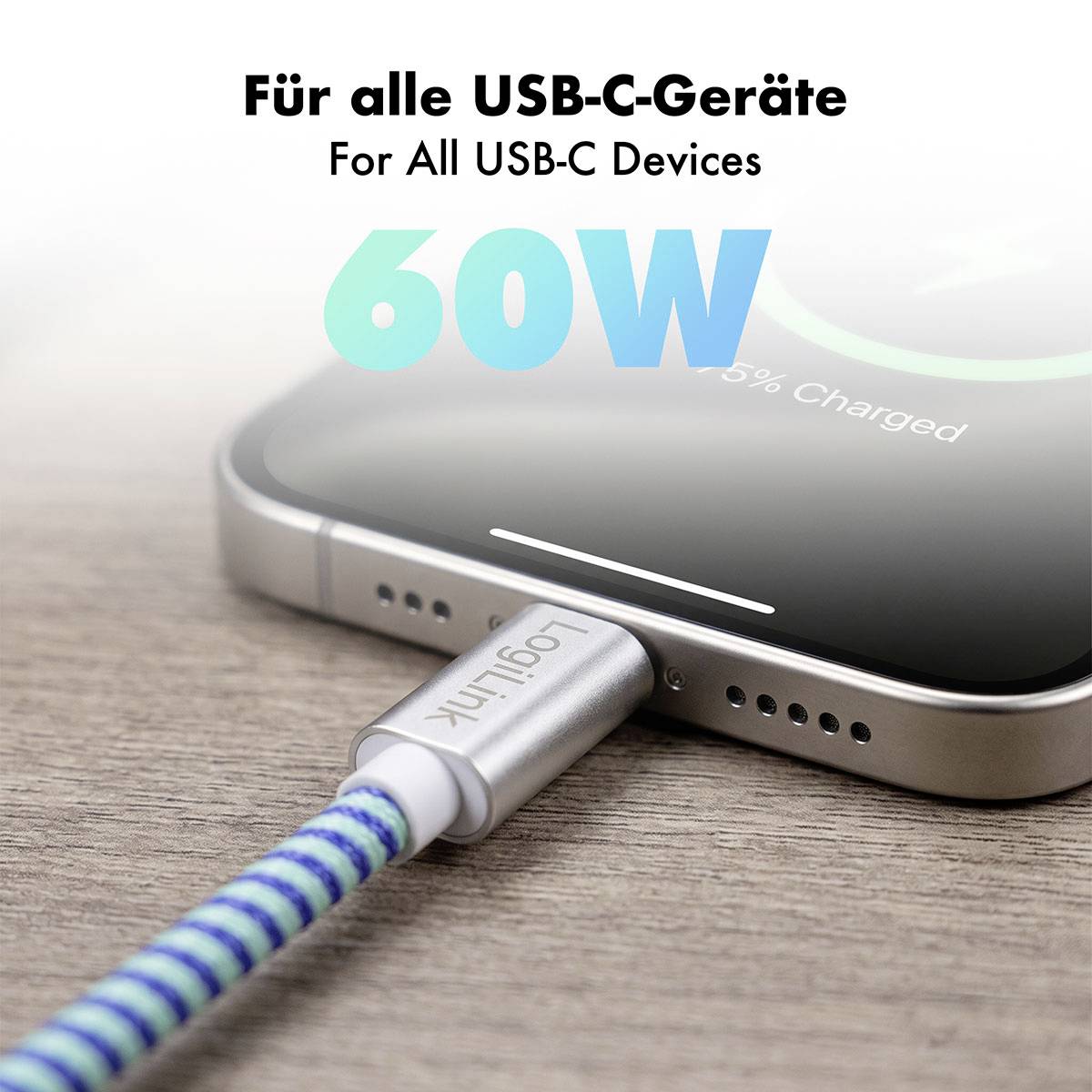 USB-C-Ladekabel angeschlossen an ein Smartphone, mit dem Text „Für alle USB-C-Geräte" und „60W" zur Hervorhebung des schnellen Ladens.