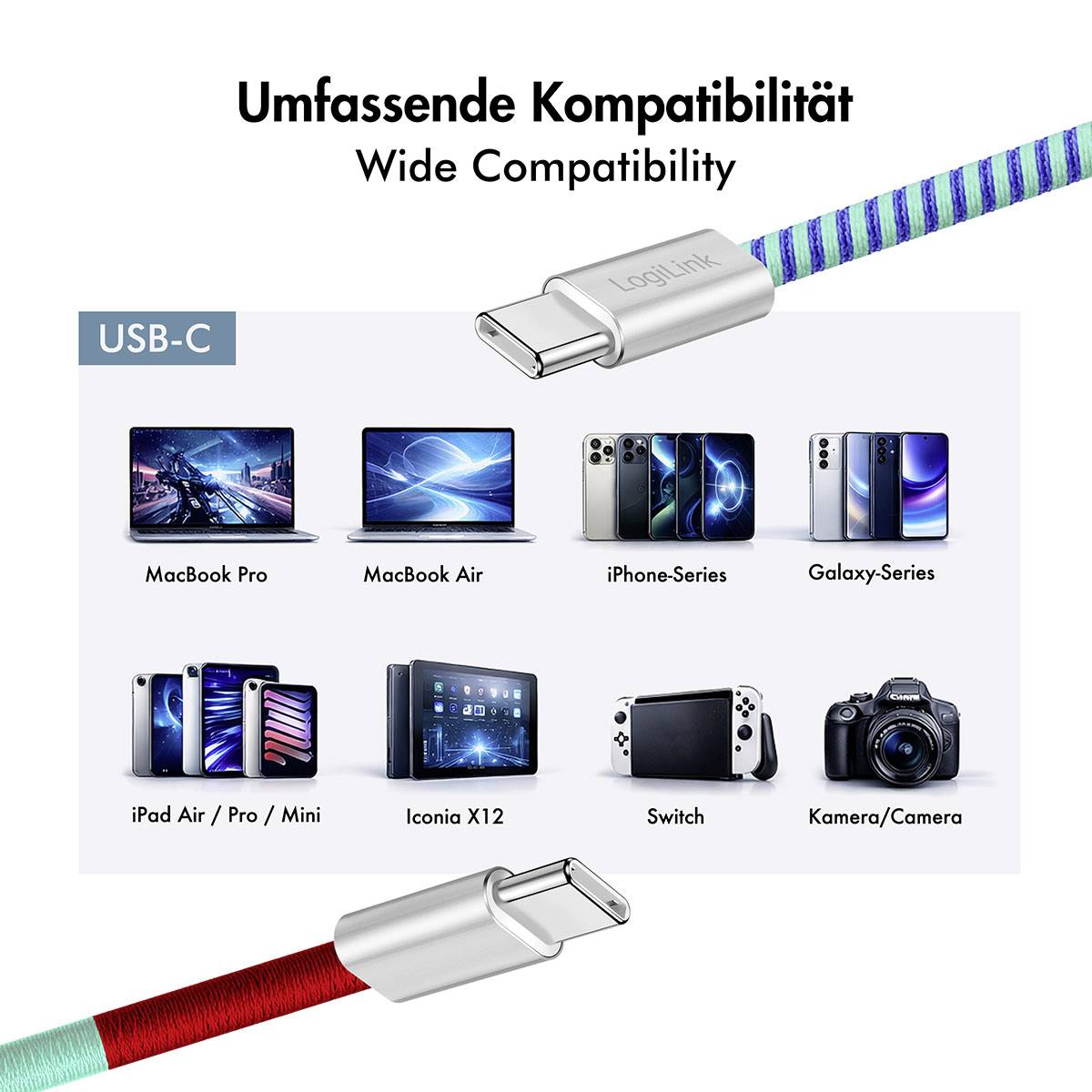 USB-C-Kabel mit breiter Kompatibilität – Abbildung zeigt Unterstützung für MacBook Pro und Air, iPhone, Galaxy, iPad Air/Pro/Mini, Iconia X12, Switch und Kameras.